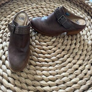 Sofft Aqua Adena Brown Leather Stacked Heel Slip-On Mule Booties Women’s 9.5 EUC